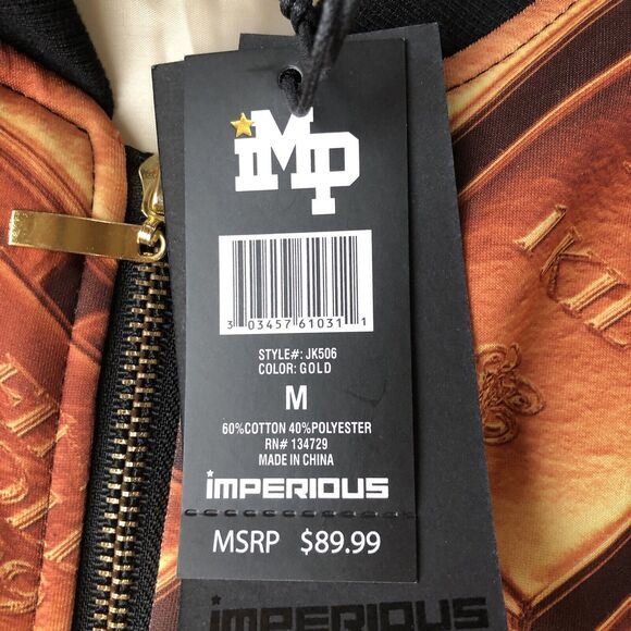 Imperious Men’s Bomber Gold Bar Jacket Size Medium NWT - Picture 10 of 13